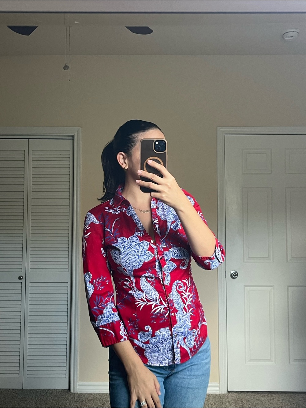 Red Paisley Print Button-Up Shirt